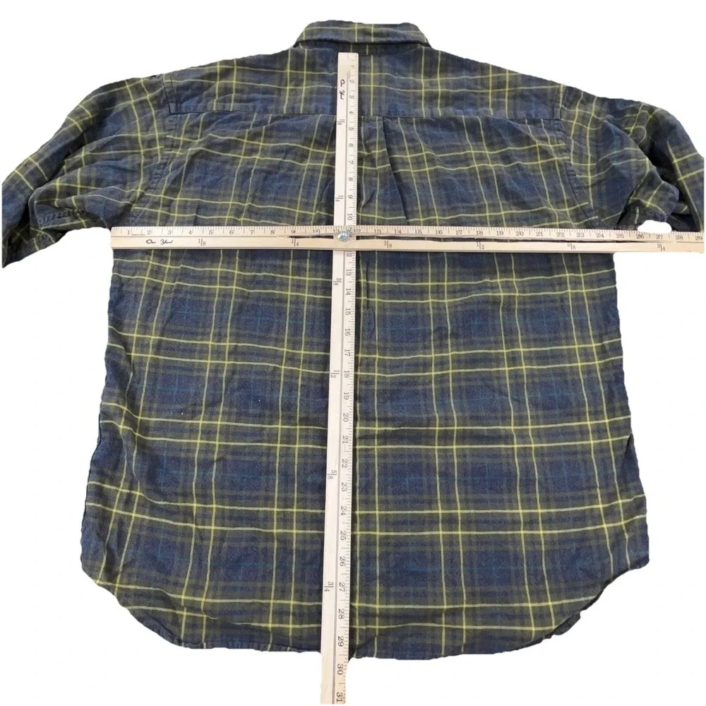 Banana Republic Flannel Shirt Men Large Blue Green‎ Button Up Tartan Plaid Camp